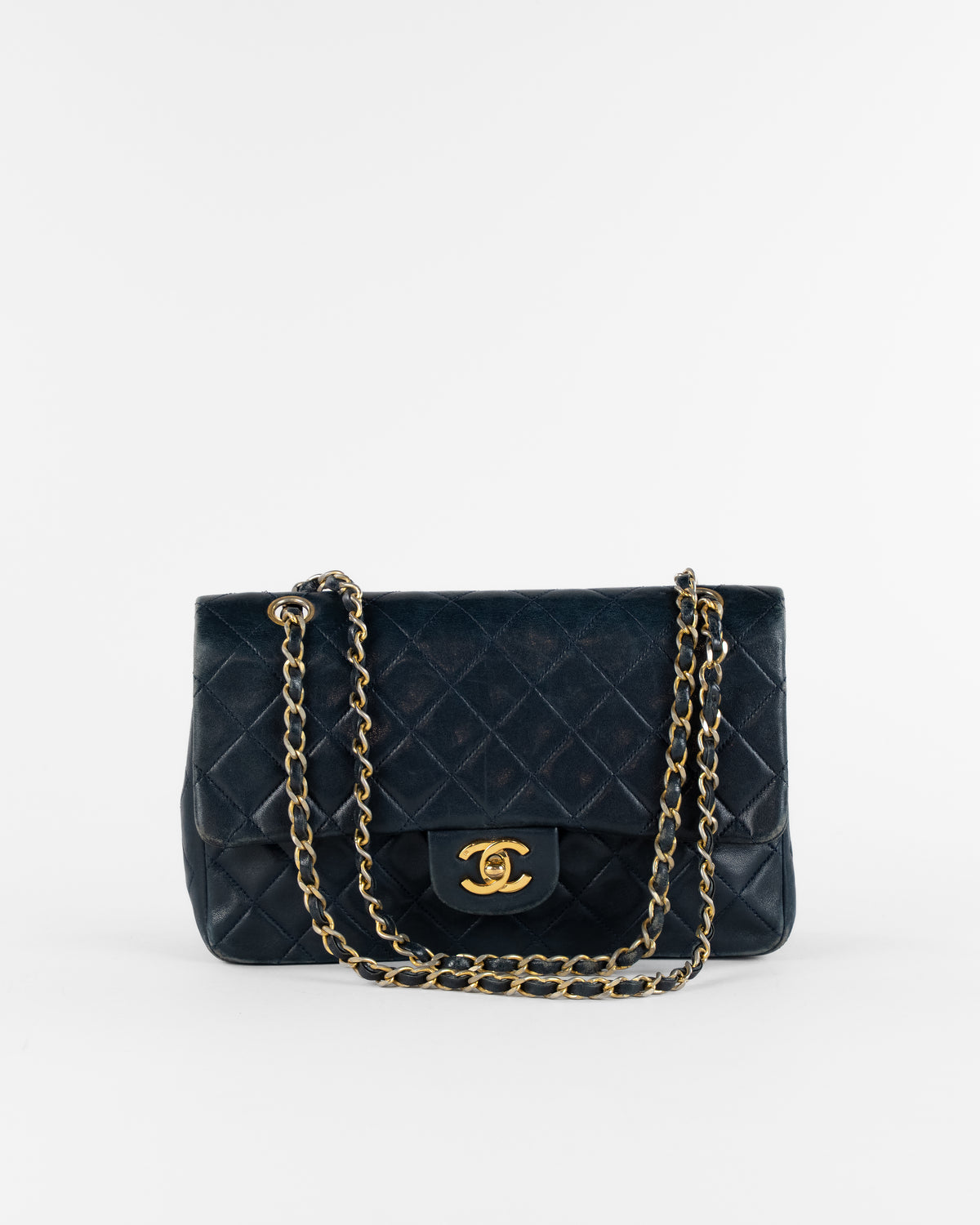 Matelasse 25 Double Flap Chain Bag Lamb Skin Navy Gold CC