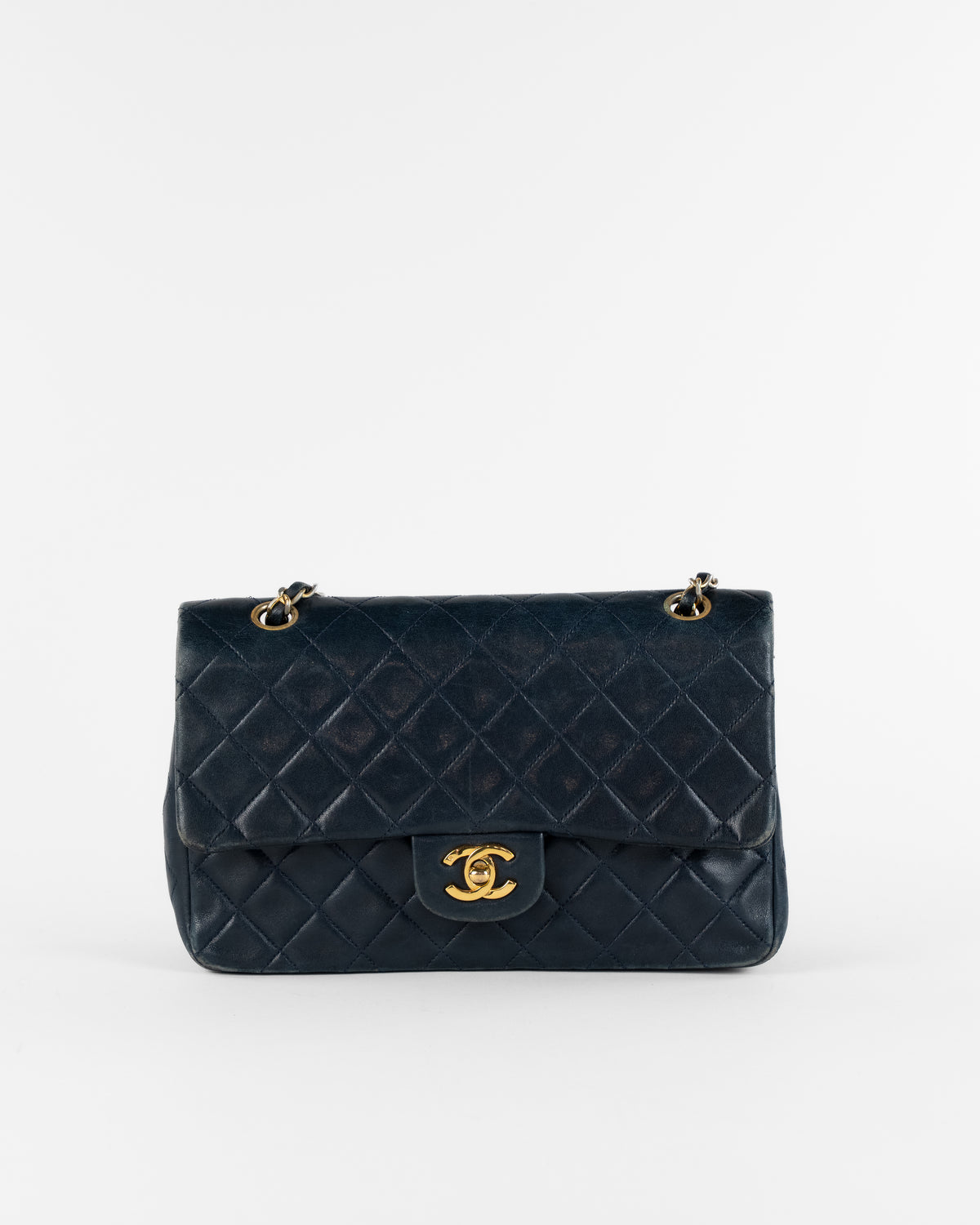 Matelasse 25 Double Flap Chain Bag Lamb Skin Navy Gold CC